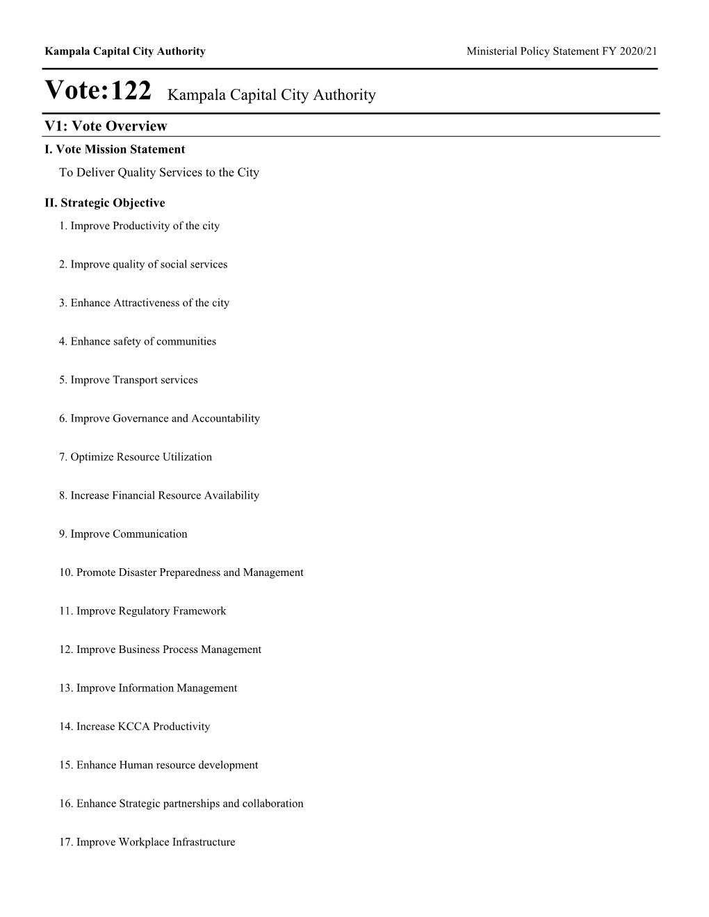 Vote:122 Kampala Capital City Authority V1: Vote Overview I