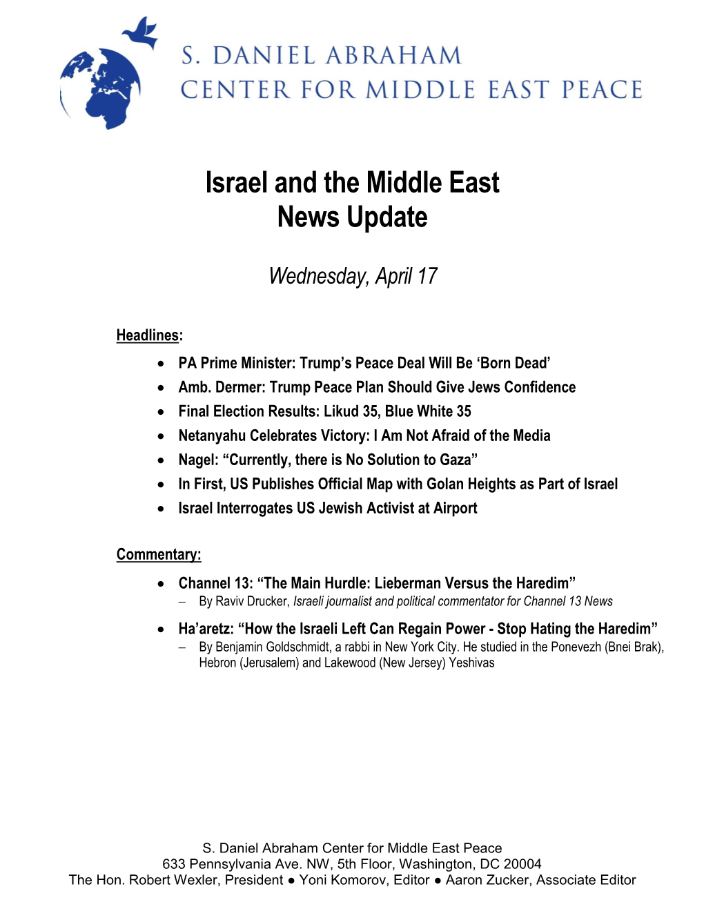 Israel and the Middle East News Update