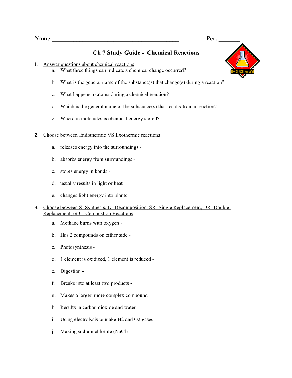 Ch 7 Study Guide - Chemical Reactions