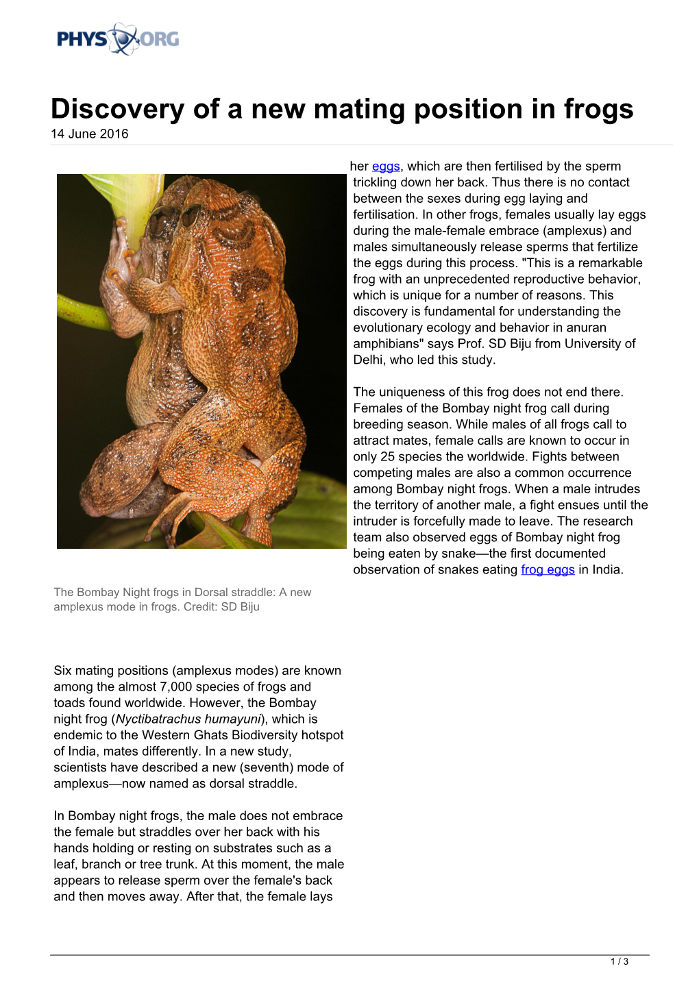 Discovery of a New Mating Position in Frogs 14 June 2016