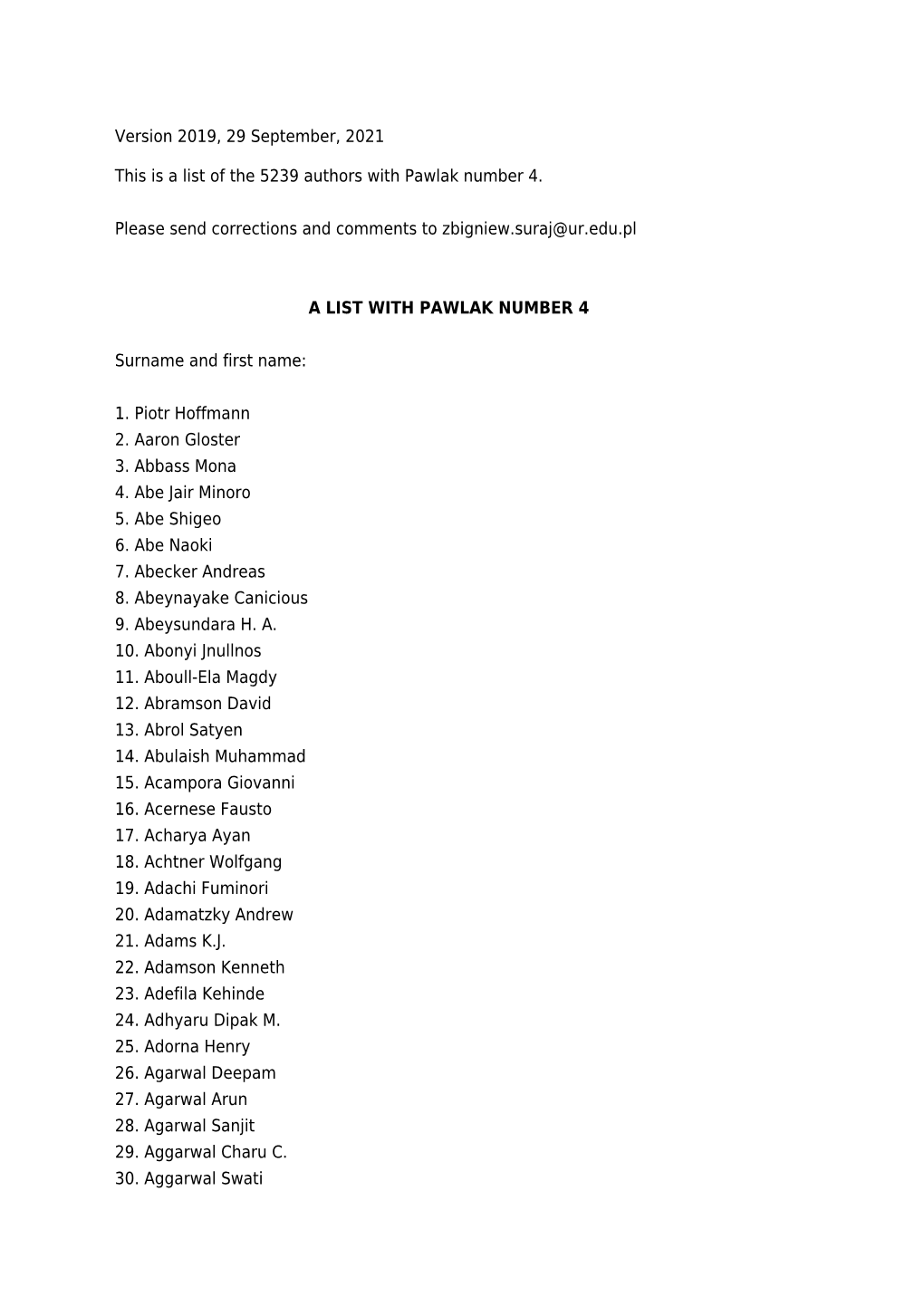 Version 2019, 14 May, 2021 This Is a List of the 5239 Authors With