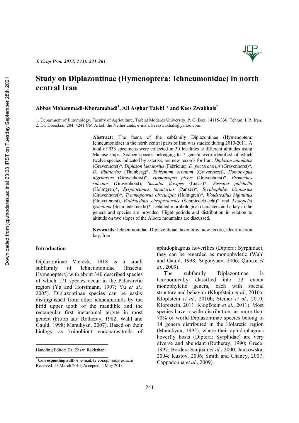 Hymenoptera: Ichneumonidae) in North Central Iran