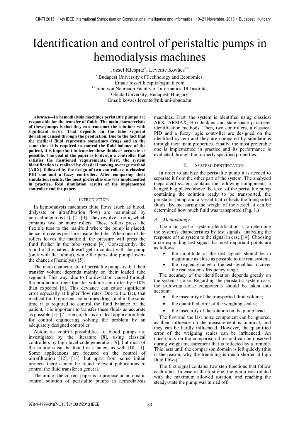 Identification and Control of Peristaltic Pumps in Hemodialysis Machines