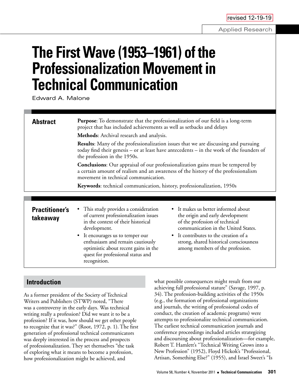 The First Wave (1953–1961) of the Professionalization Movement in Technical Communication Edward A