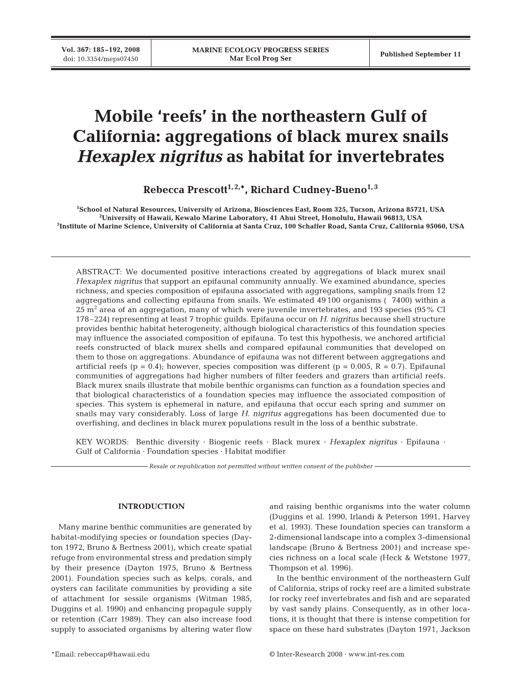 Mobile 'Reefs' in the Northeastern Gulf of California: Aggregations of Black Murex Snails Hexaplex Nigritus As Habitat for Invertebrates