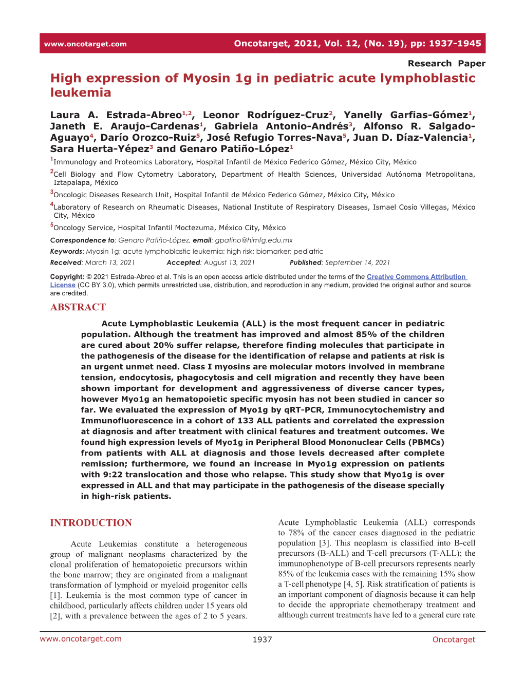 High Expression of Myosin 1G in Pediatric Acute Lymphoblastic Leukemia