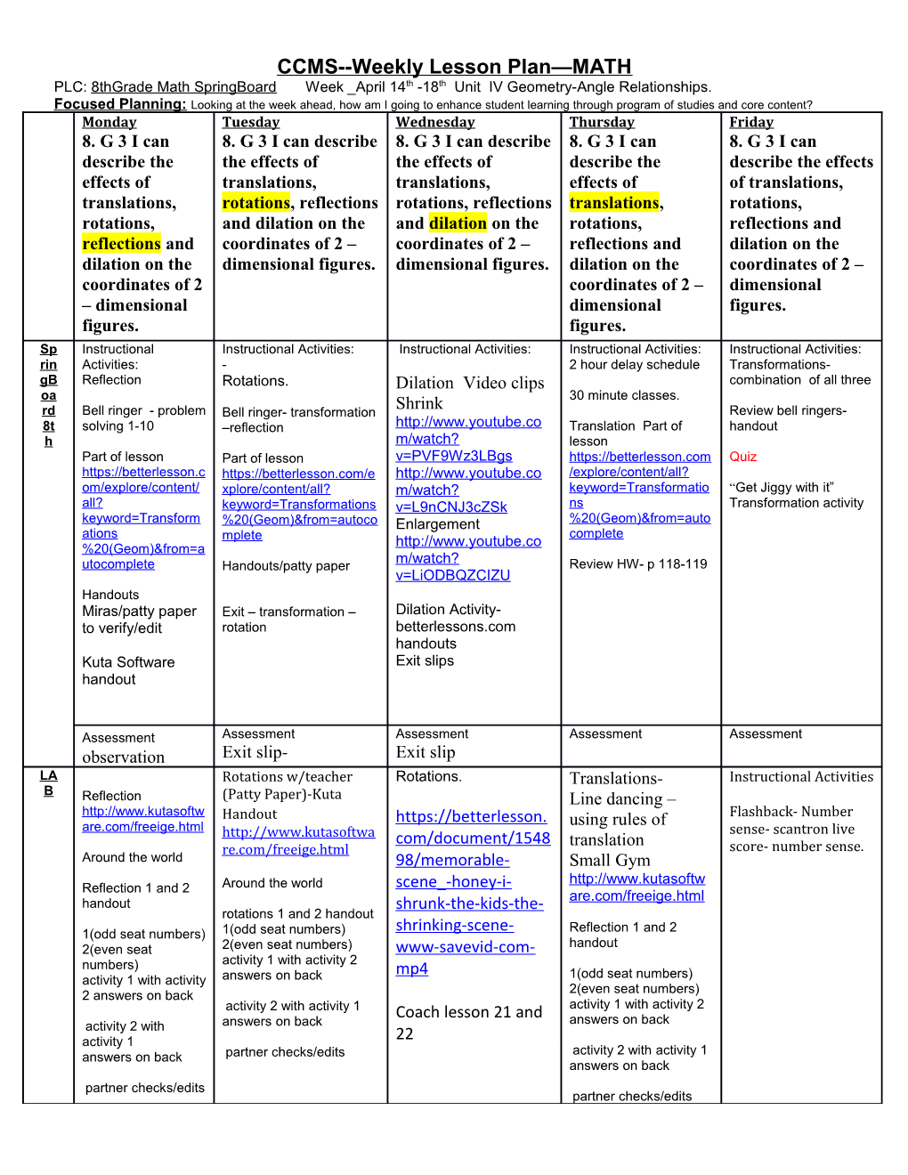 CCMS Weekly Lesson Plan MATH