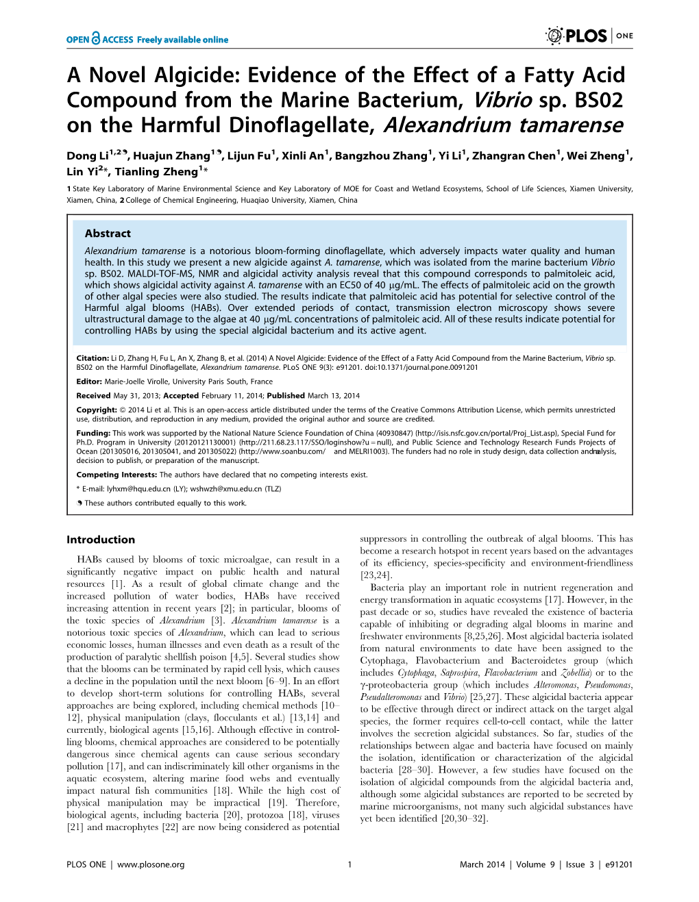 Evidence of the Effect of a Fatty Acid Compound from the Marine Bacterium, Vibrio Sp