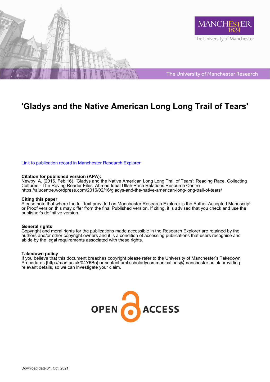 'Gladys and the Native American Long Long Trail of Tears'