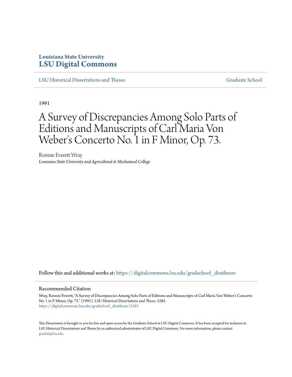 A Survey of Discrepancies Among Solo Parts of Editions and Manuscripts of Carl Maria Von Weber's Concerto No
