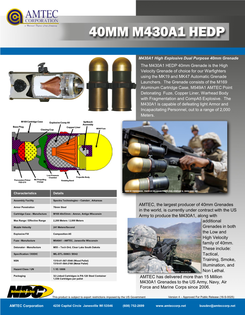 M430A1 HEDP 40Mm Grenade Is the High Velocity Grenade of Choice for Our Warfighters Using the MK19 and MK47 Automatic Grenade Launchers