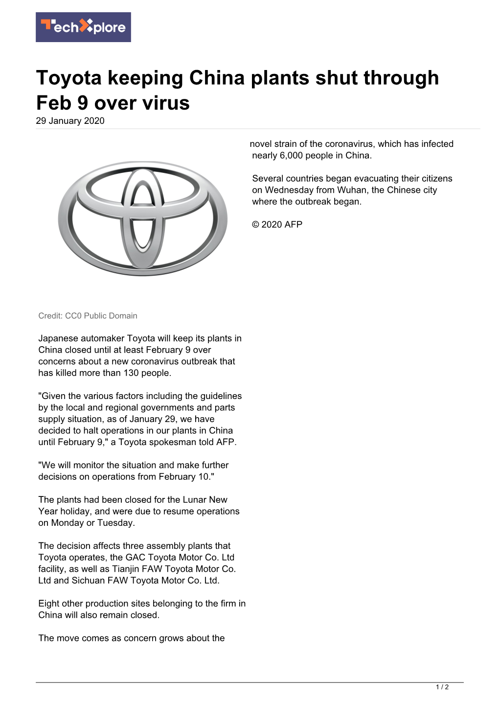 Toyota Keeping China Plants Shut Through Feb 9 Over Virus 29 January 2020