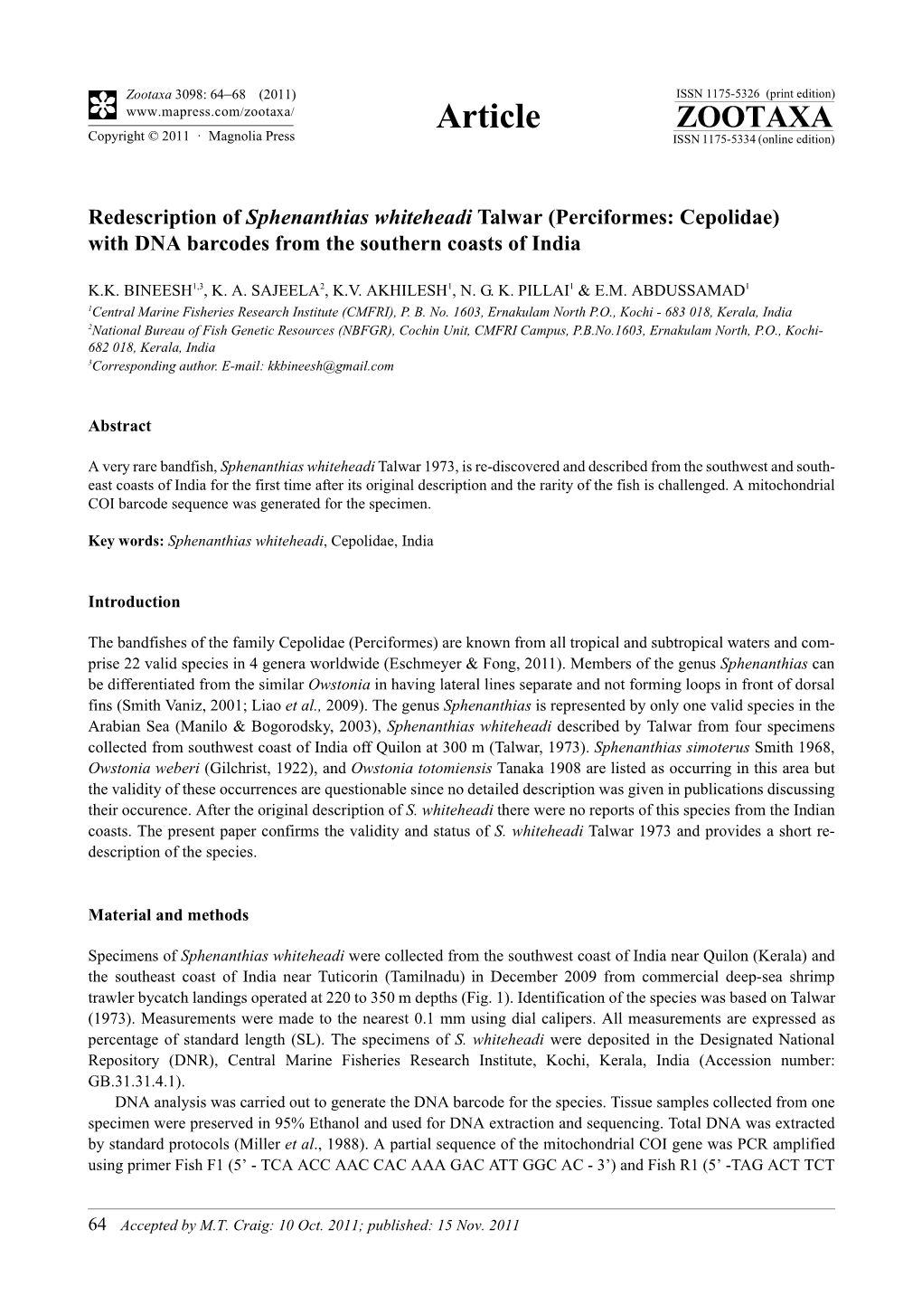 Redescription of Sphenanthias Whiteheadi Talwar (Perciformes: Cepolidae) with DNA Barcodes from the Southern Coasts of India