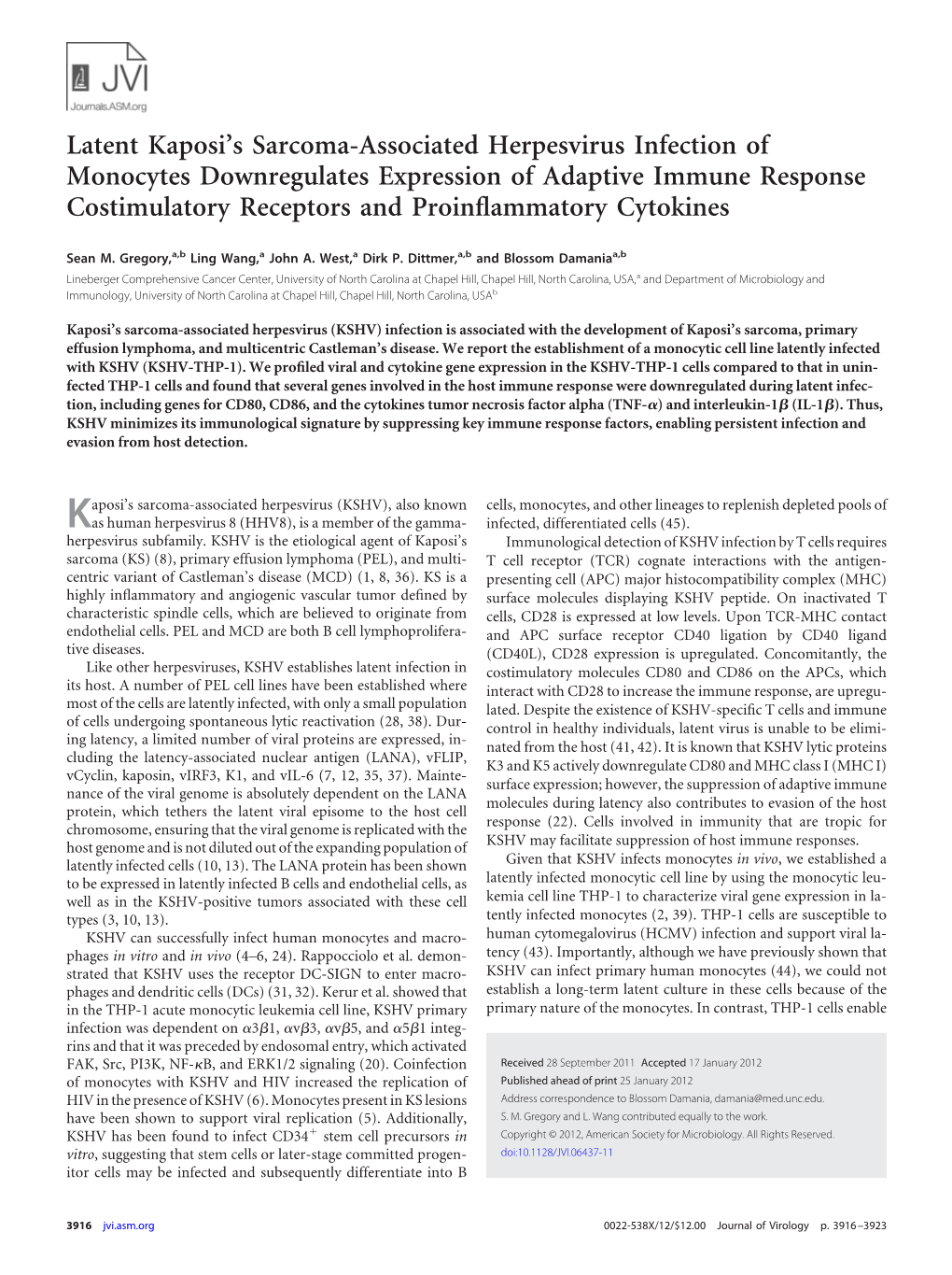 Latent Kaposi's Sarcoma-Associated Herpesvirus Infection of Monocytes