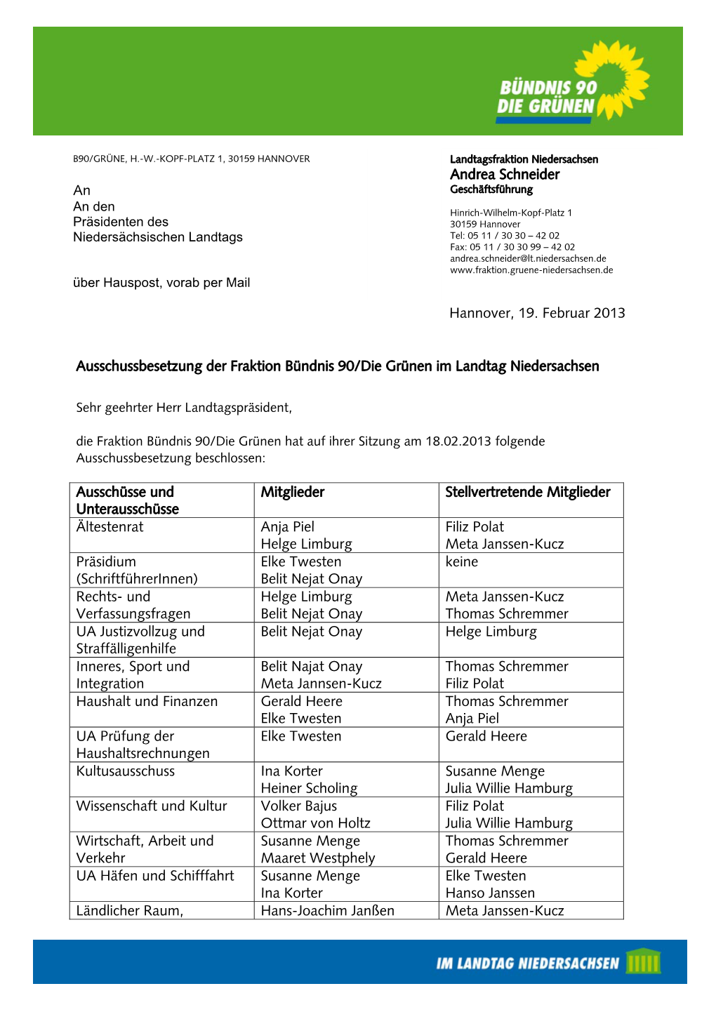 Ausschussbesetzung Der Fraktion Bündnis 90/Die Grünen Im Landtag Niedersachsen Ausschüsse Und Unterausschüsse Mitglieder