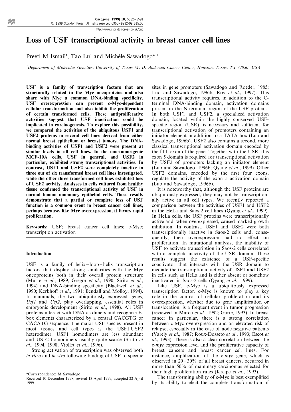 Loss of USF Transcriptional Activity in Breast Cancer Cell Lines