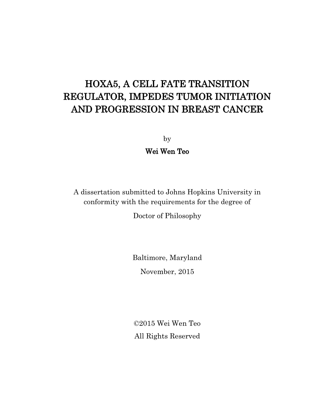 Hoxa5, a Cell Fate Transition Regulator, Impedes Tumor Initiation and Progression in Breast Cancer