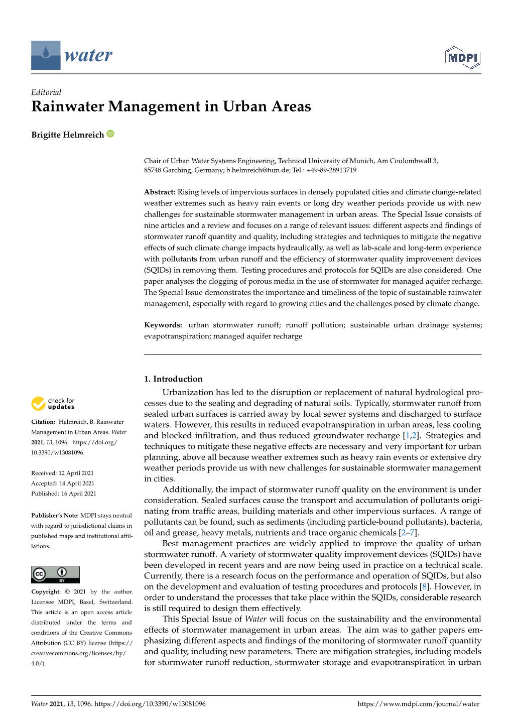 Rainwater Management in Urban Areas