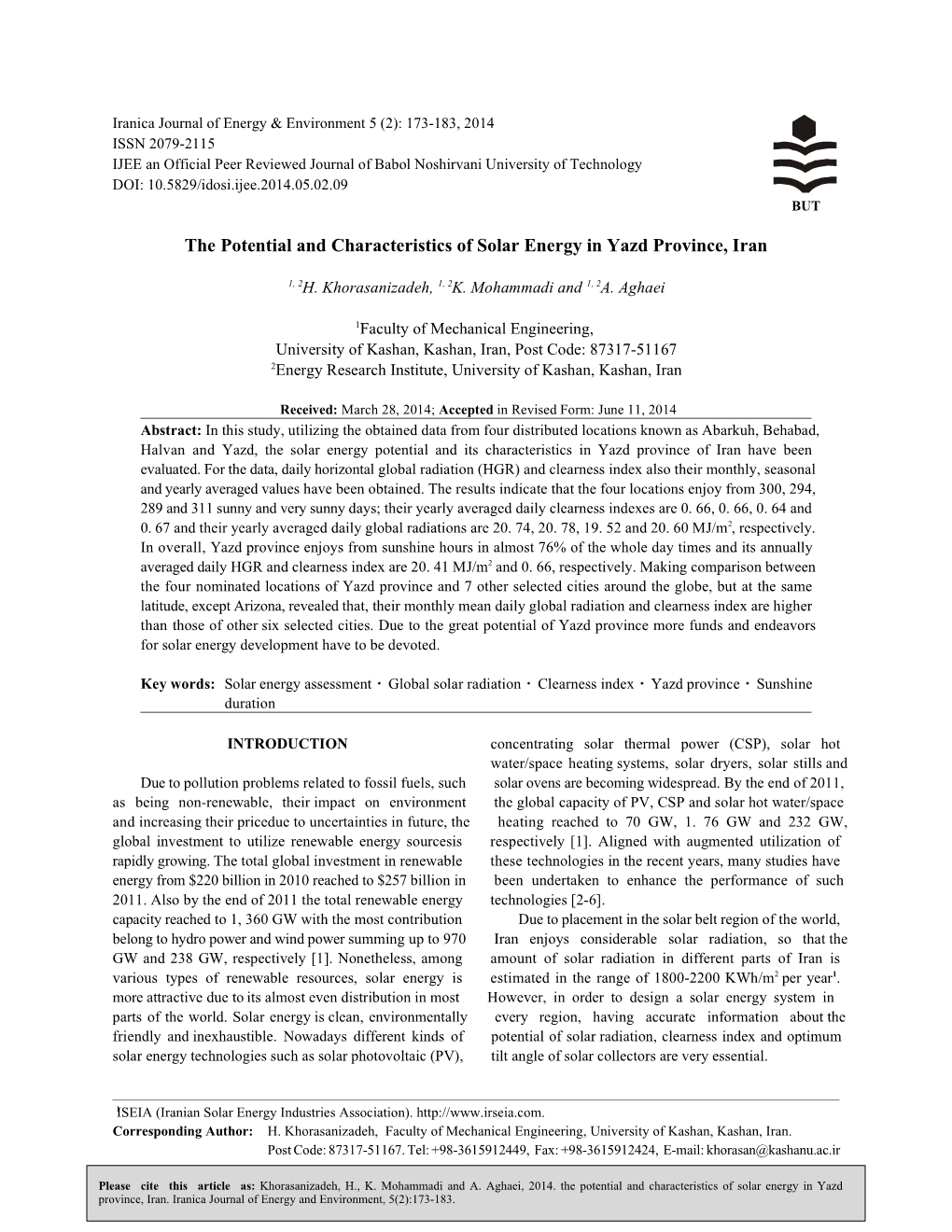 The Potential and Characteristics of Solar Energy in Yazd Province, Iran