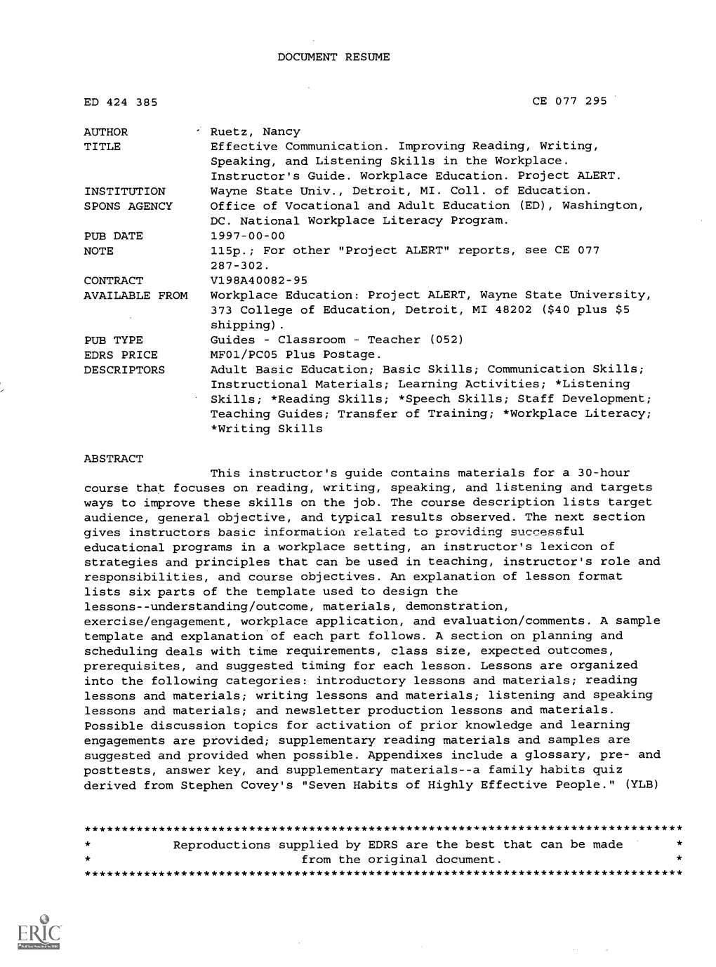 DOCUMENT RESUME Ruetz, Nancy Effective Communication. Improving