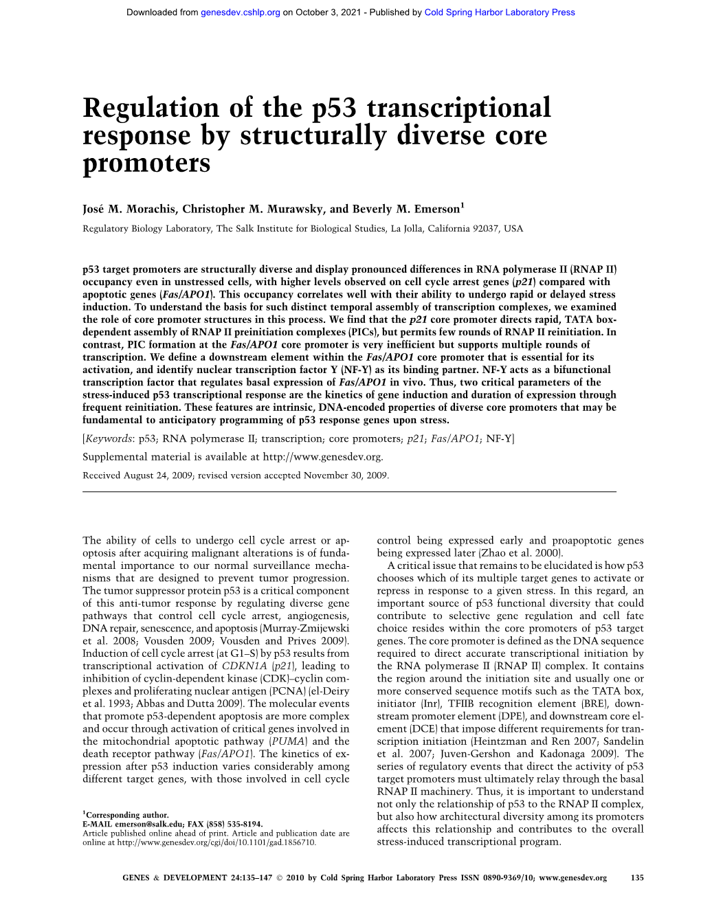 Regulation of the P53 Transcriptional Response by Structurally Diverse Core Promoters