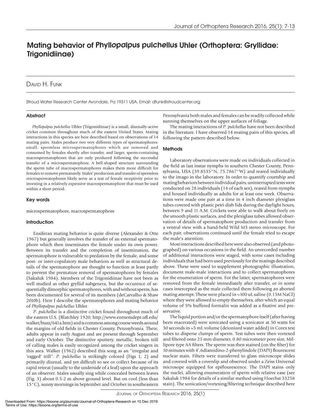 Mating Behavior of Phyllopalpus Pulchellus Uhler (Orthoptera: Gryllidae: Trigonidiinae)