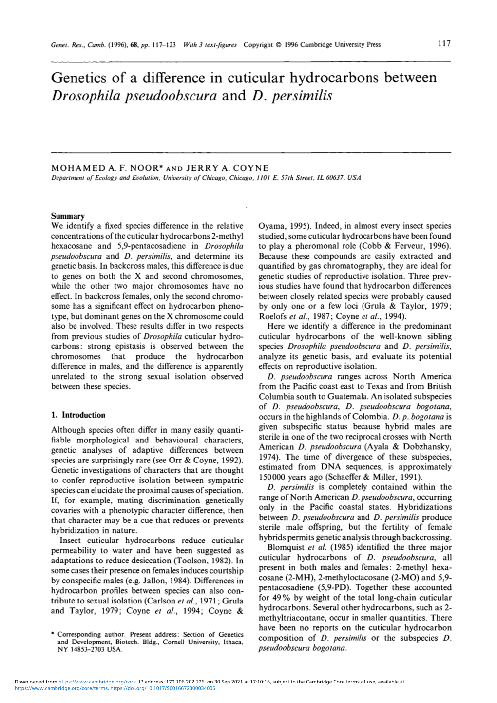 Genetics of a Difference in Cuticular Hydrocarbons Between Drosophila Pseudoobscura and D