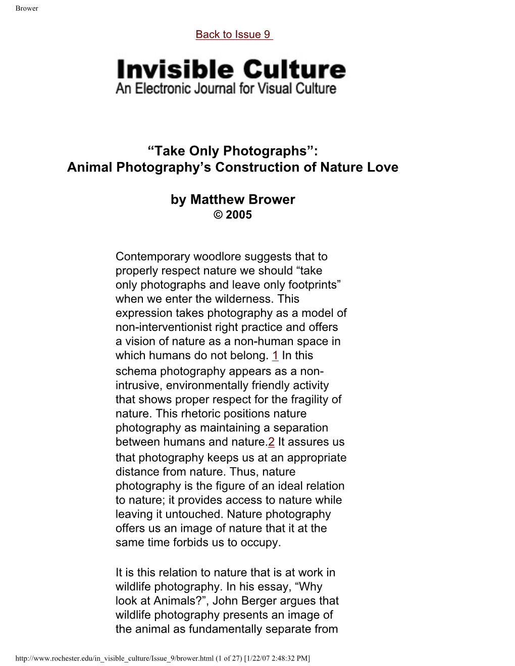 “Take Only Photographs”: Animal Photography’S Construction of Nature Love