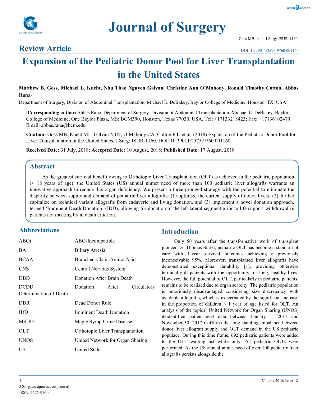 Journal of Surgery Goss MB, Et Al