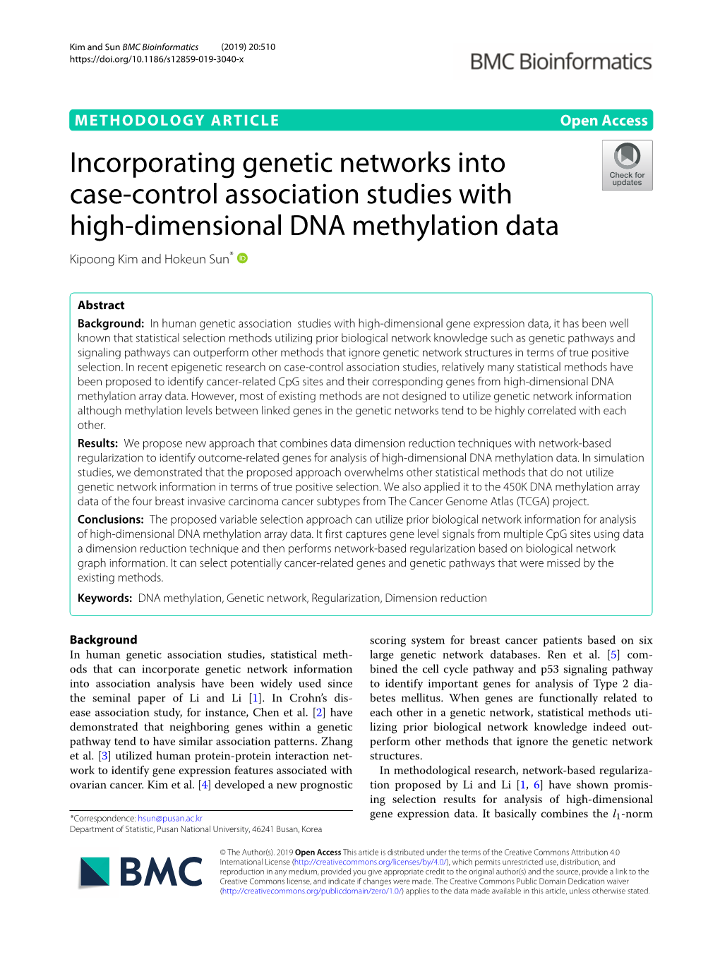 Incorporating Genetic Networks Into Case-Control Association Studies with High-Dimensional DNA Methylation Data Kipoong Kim and Hokeun Sun*
