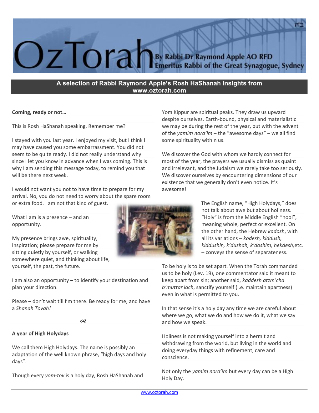 A Selection of Rabbi Raymond Apple's Rosh Hashanah Insights From