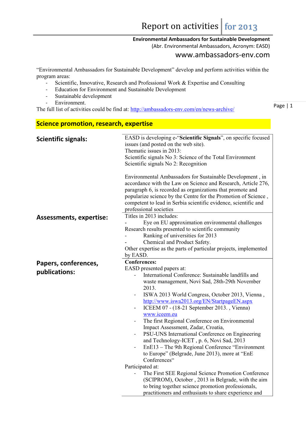 Report on Activities for 2013 Environmental Ambassadors for Sustainable Development (Abr