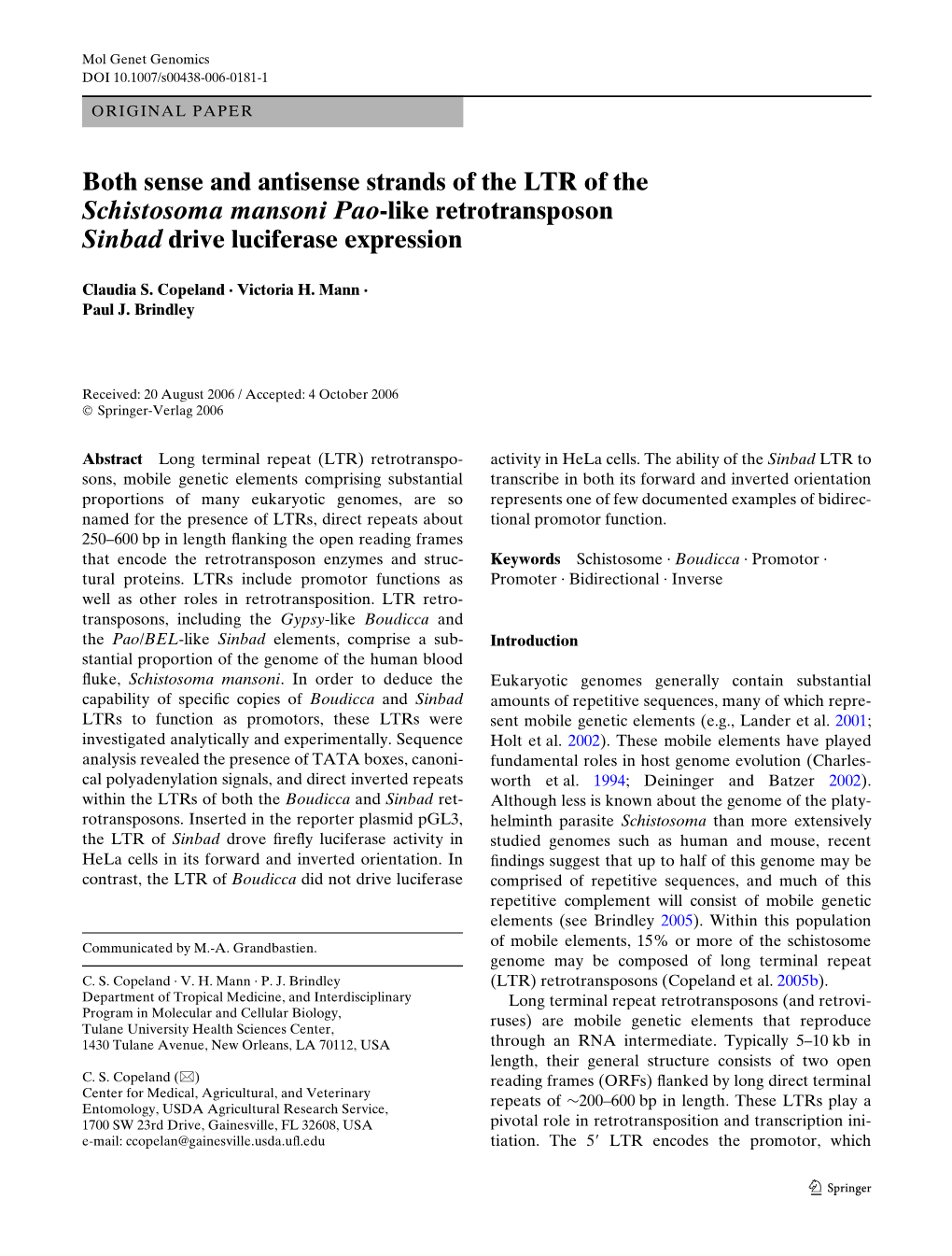 Both Sense and Antisense Strands of the LTR of the Schistosoma Mansoni Pao-Like Retrotransposon Sinbad Drive Luciferase Expression