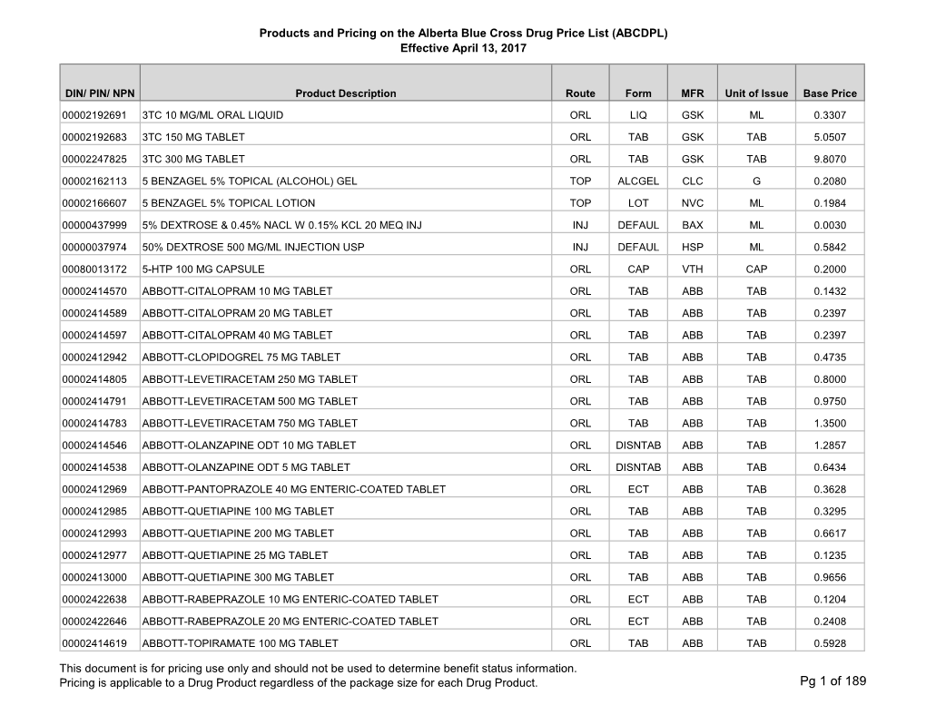 Pg 1 of 189 Products and Pricing on the Alberta Blue Cross Drug Price List (ABCDPL) Effective April 13, 2017