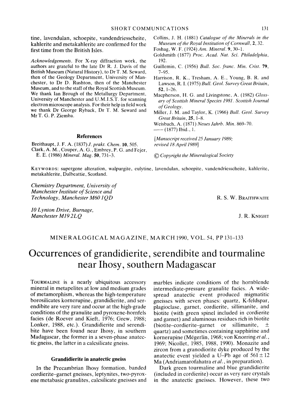 Occurrences of Grandidierite, Serendibite and Tourmaline Near Ihosy, Southern Madagascar