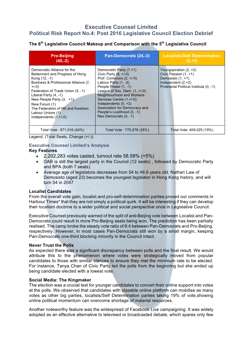 Executive Counsel Limited Political Risk Report No.4: Post 2016 Legislative Council Election Debrief