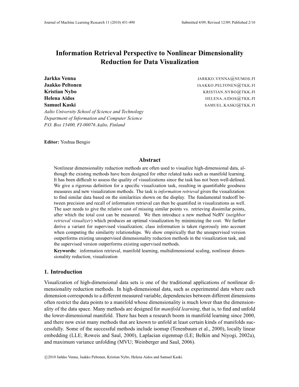 Information Retrieval Perspective to Nonlinear Dimensionality Reduction for Data Visualization