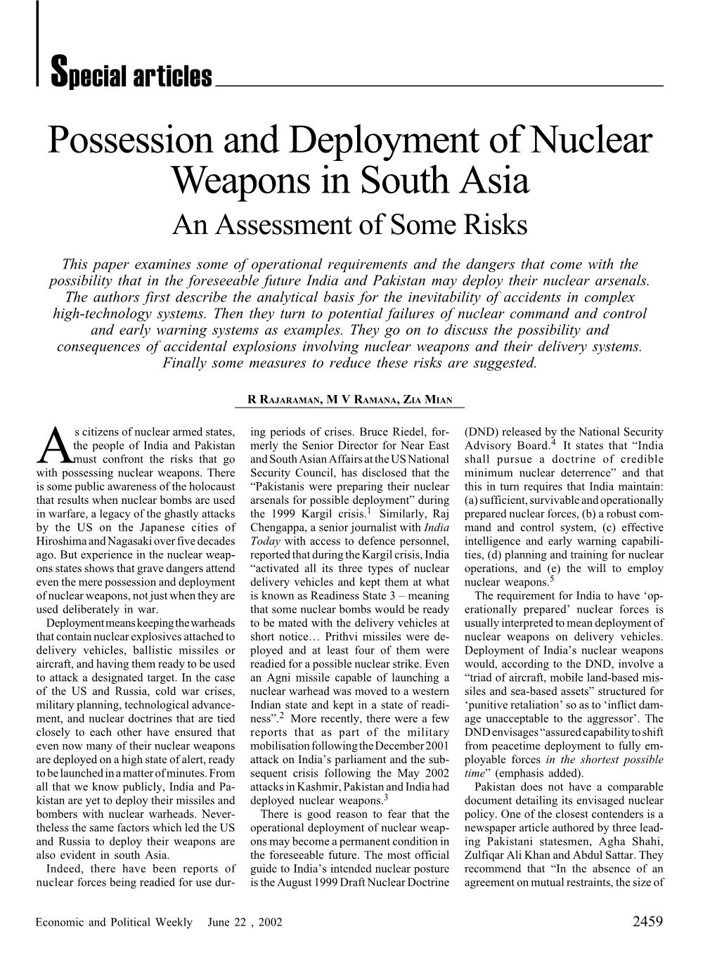 Possession and Deployment of Nuclear Weapons in South Asia an Assessment of Some Risks