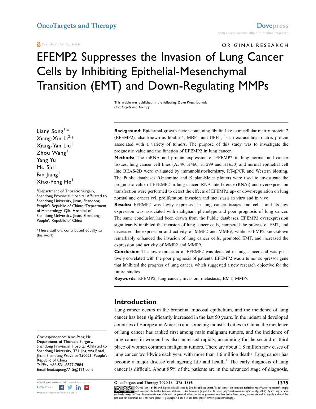 EFEMP2 Suppresses the Invasion of Lung Cancer Cells by Inhibiting Epithelial-Mesenchymal Transition (EMT) and Down-Regulating Mmps