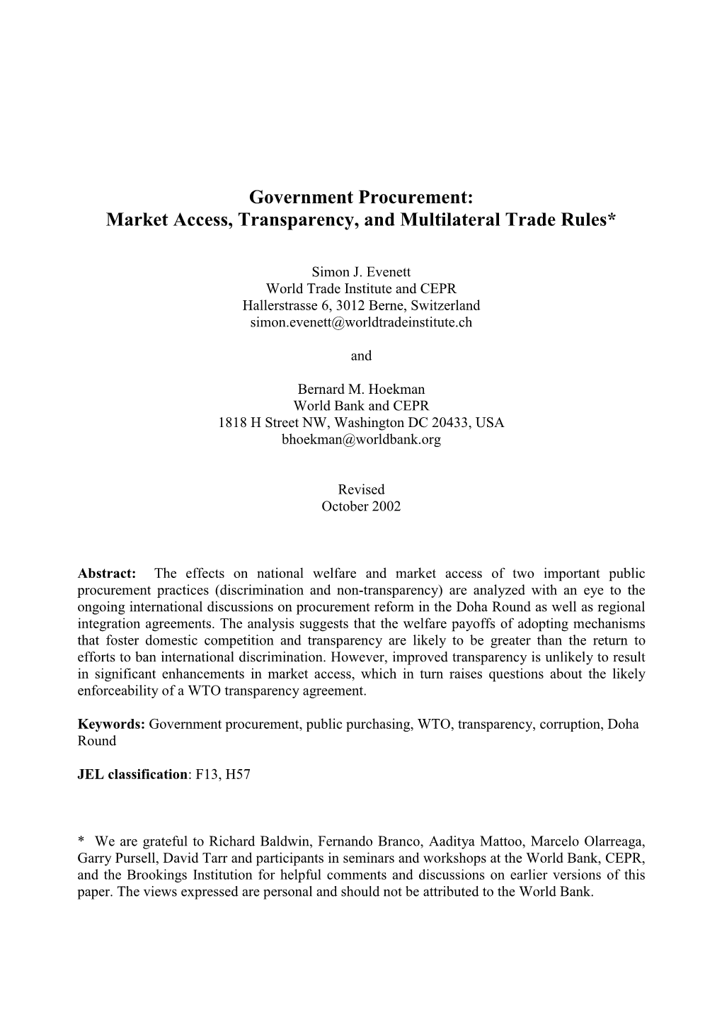 Government Procurement: Market Access, Transparency, and Multilateral Trade Rules*