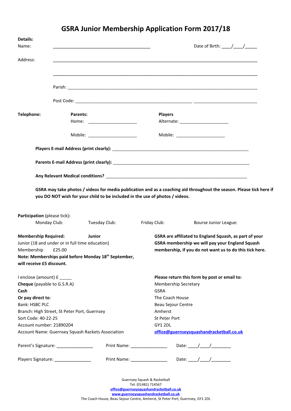 GSRA Junior Membership Application Form 2017/18