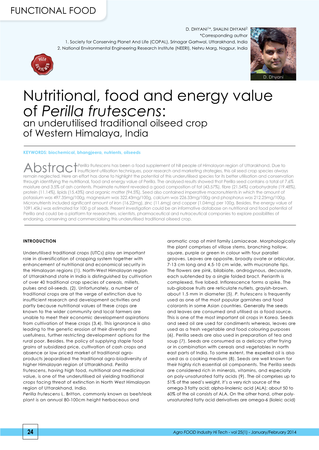 Perilla Frutescens: an Underutilised Traditional Oilseed Crop of Western Himalaya, India