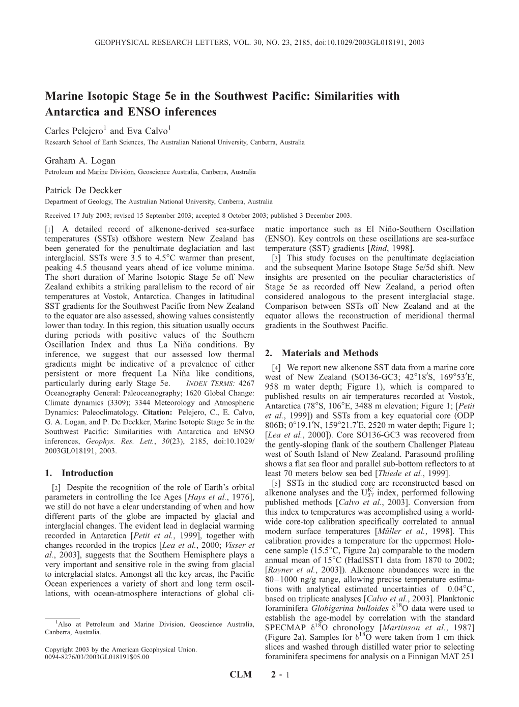 Marine Isotopic Stage 5E in the Southwest Pacific: Similarities With