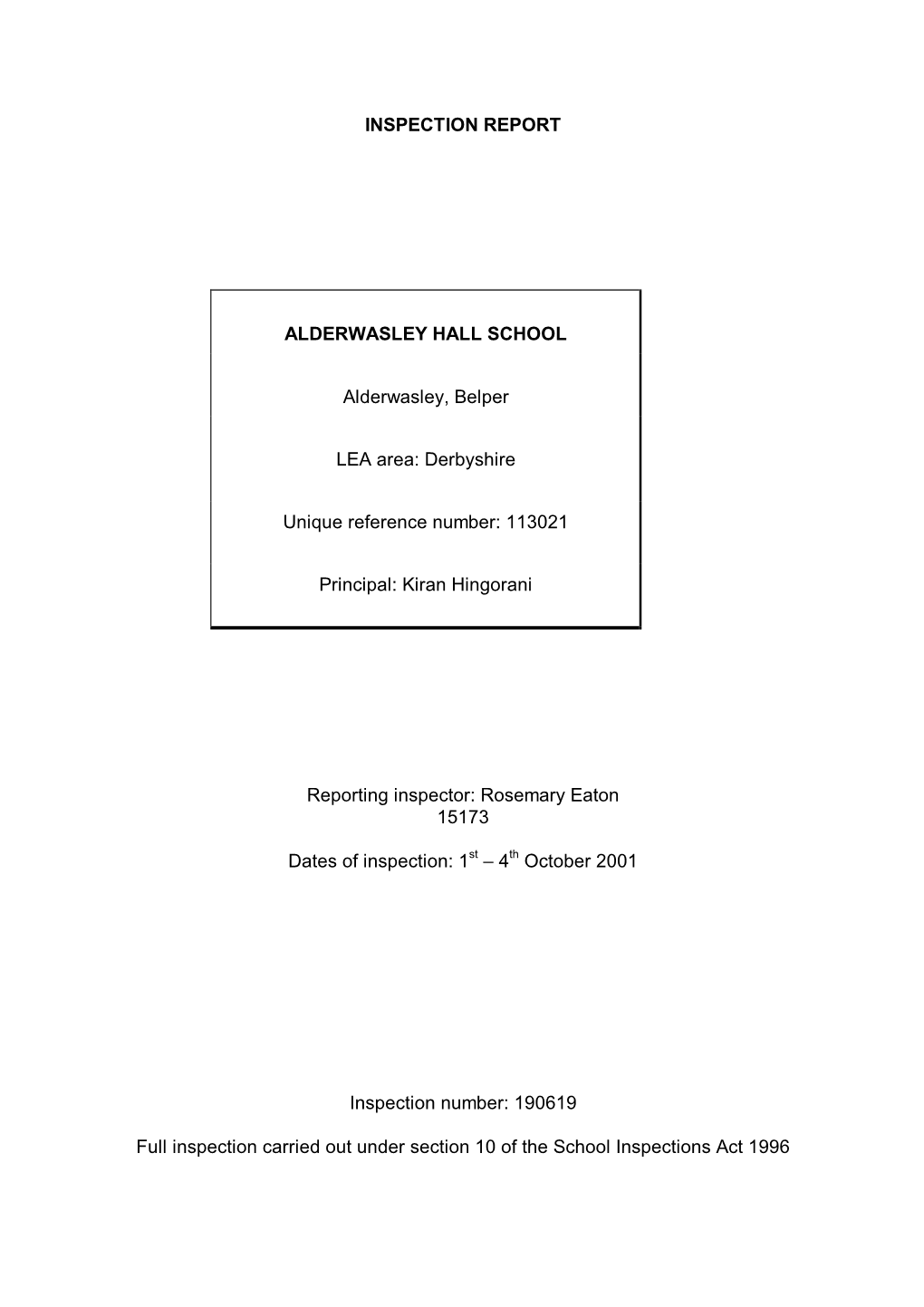 Inspection Report Alderwasley Hall School