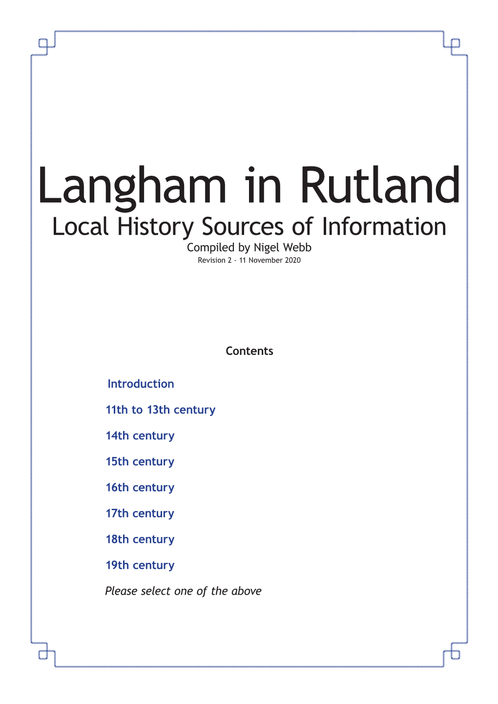 Sources of Langham Local History Information 11Th C > 19Th C