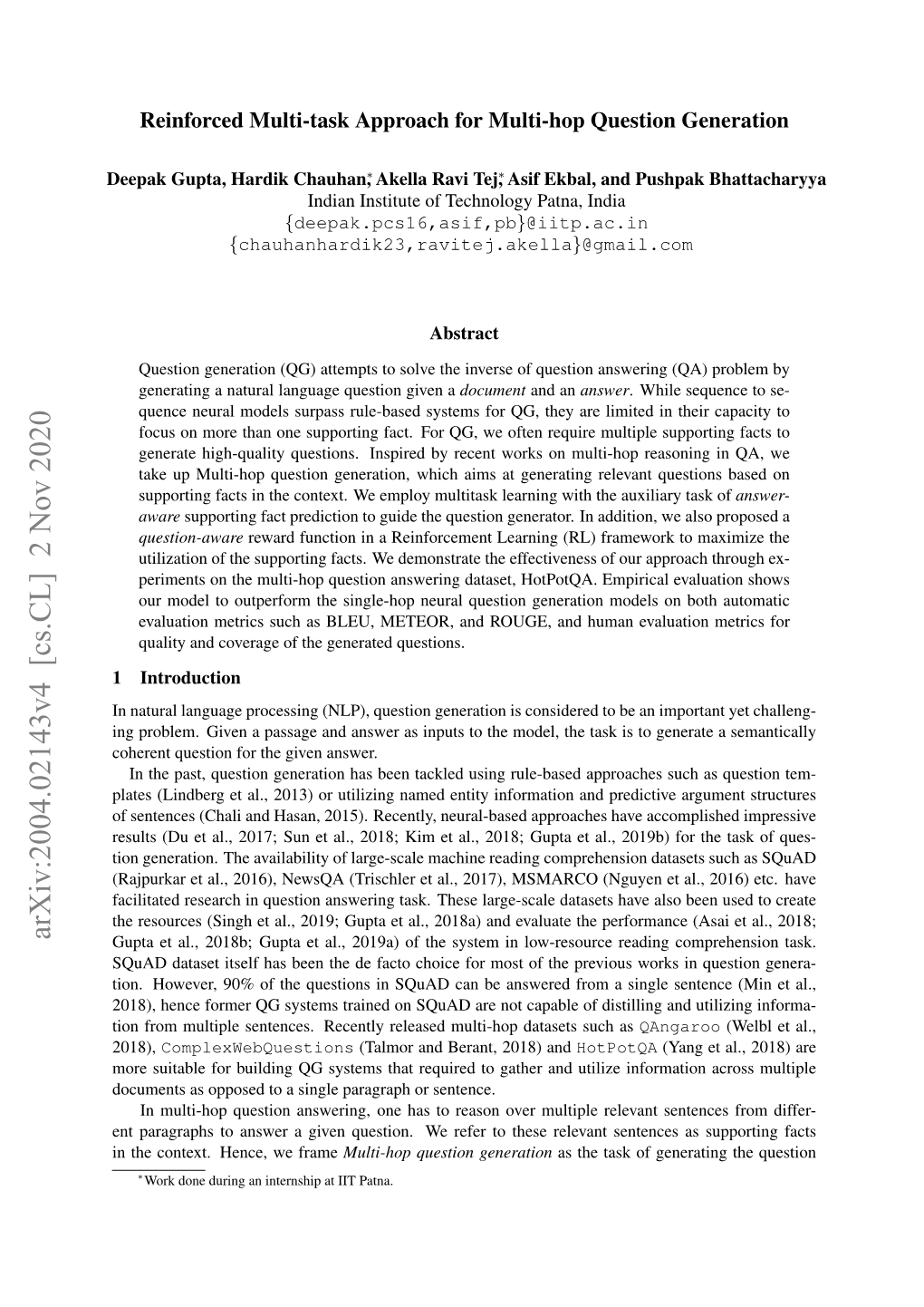 Arxiv:2004.02143V4 [Cs.CL] 2 Nov 2020 Gupta Et Al., 2018B; Gupta Et Al., 2019A) of the System in Low-Resource Reading Comprehension Task