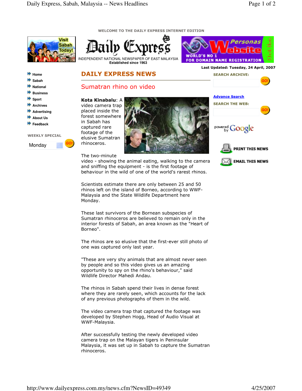 April 24, 2007, Daily Express, Sabah, Malaysia, "Sumatran Rhino on Video"