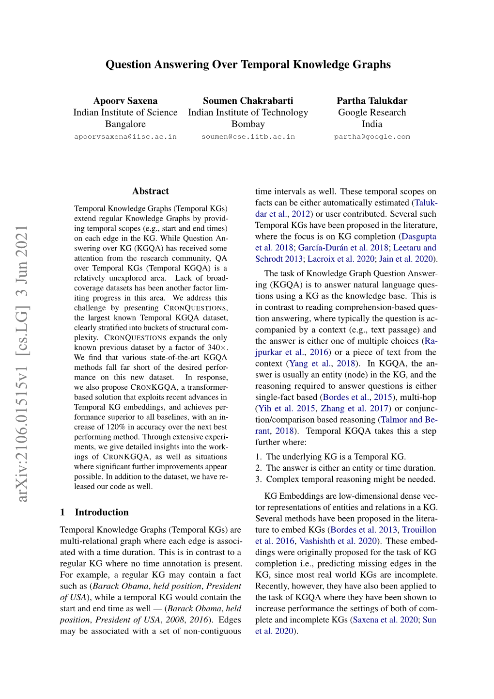 Arxiv:2106.01515V1 [Cs.LG] 3 Jun 2021 Tor Representations of Entities and Relations in a KG