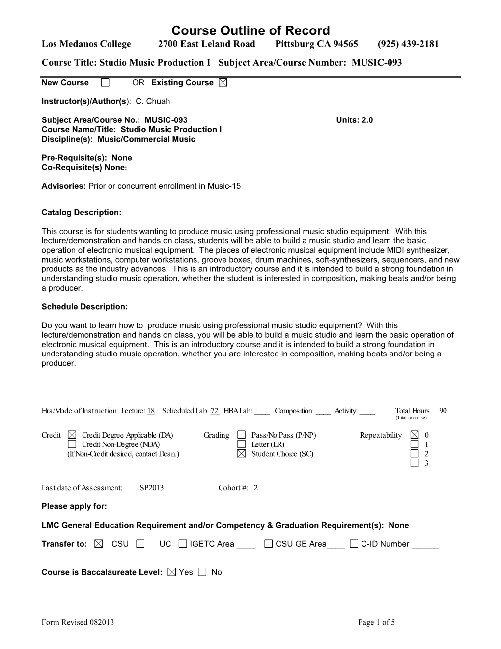 Studio Music Production I Subject Area/Course Number: MUSIC-093