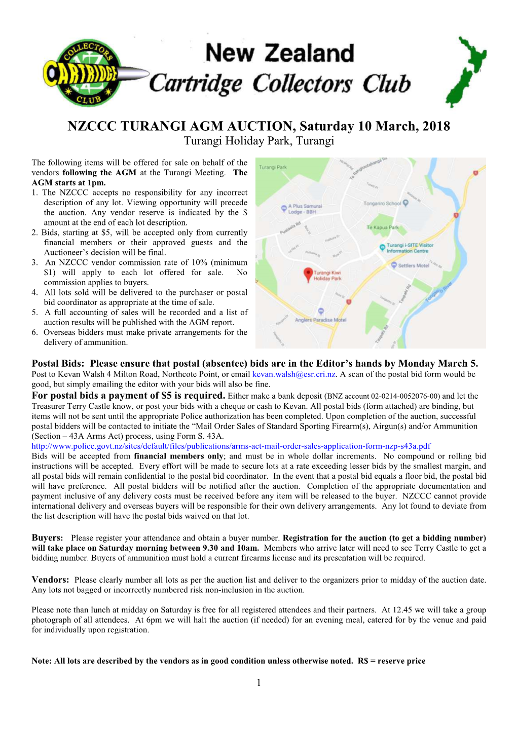 NZCCC TURANGI AGM AUCTION, Saturday 10 March, 2018 Turangi Holiday Park, Turangi